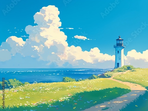 Old lighthouse on a green coast under blue sky and white clouds