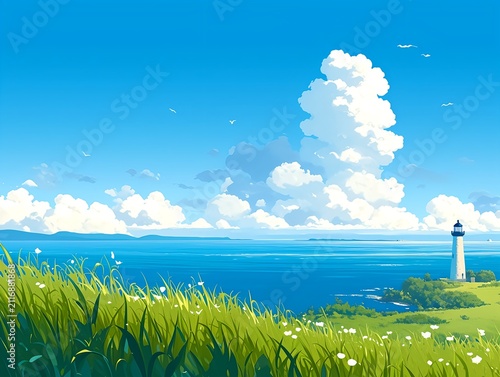 Old lighthouse on a green coast under blue sky and white clouds