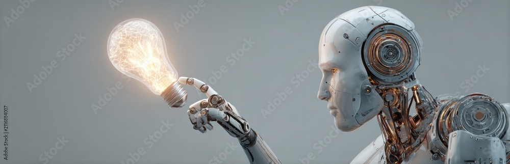 © mryanfahrudin1 - Artificial intelligence robot with bright glowing lightbulb innovation concept futuristic scene