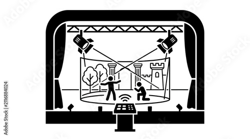 Virtual Stage Theater Performance Vector Illustration with Hologram