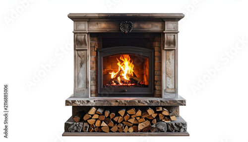 A stone-framed fireplace with a roaring fire inside. A neat stack of logs sits below the opening