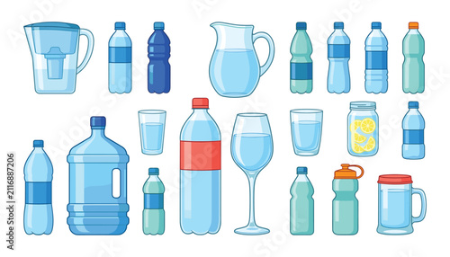Water bottles and glassware vector set featuring plastic containers gallon jugs pitchers glasses and reusable sports bottles on white background