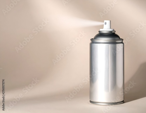 Silver Aerosol Spray Can Emitting a Mist on a Soft Neutral Beige Background