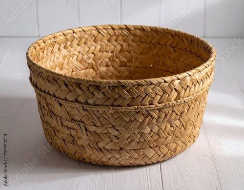 Round Woven Wicker Basket with Natural Texture Isolated on a White Wooden Surface