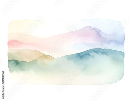 Minimalist watercolor landscape painting with soft pastel mountain ranges