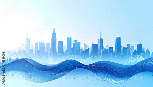 A stylized cityscape in shades of blue. Buildings are silhouetted, with flowing wave-like graphic in the foreground. Soft gradients give a serene feel