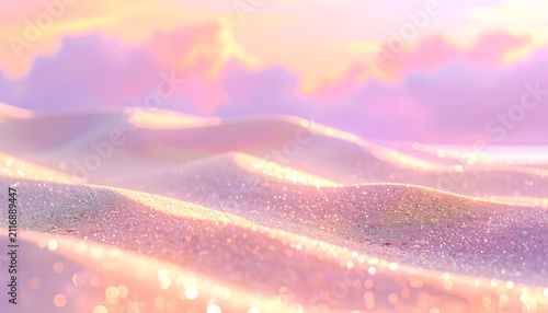 A soft, pastel-colored scene depicts rolling dunes under a sky washed with pinks and oranges, with hints of an ocean