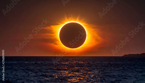 A stunning celestial event captured over a body of water. A black disc is surrounded by radiant solar flares, casting an orange glow
