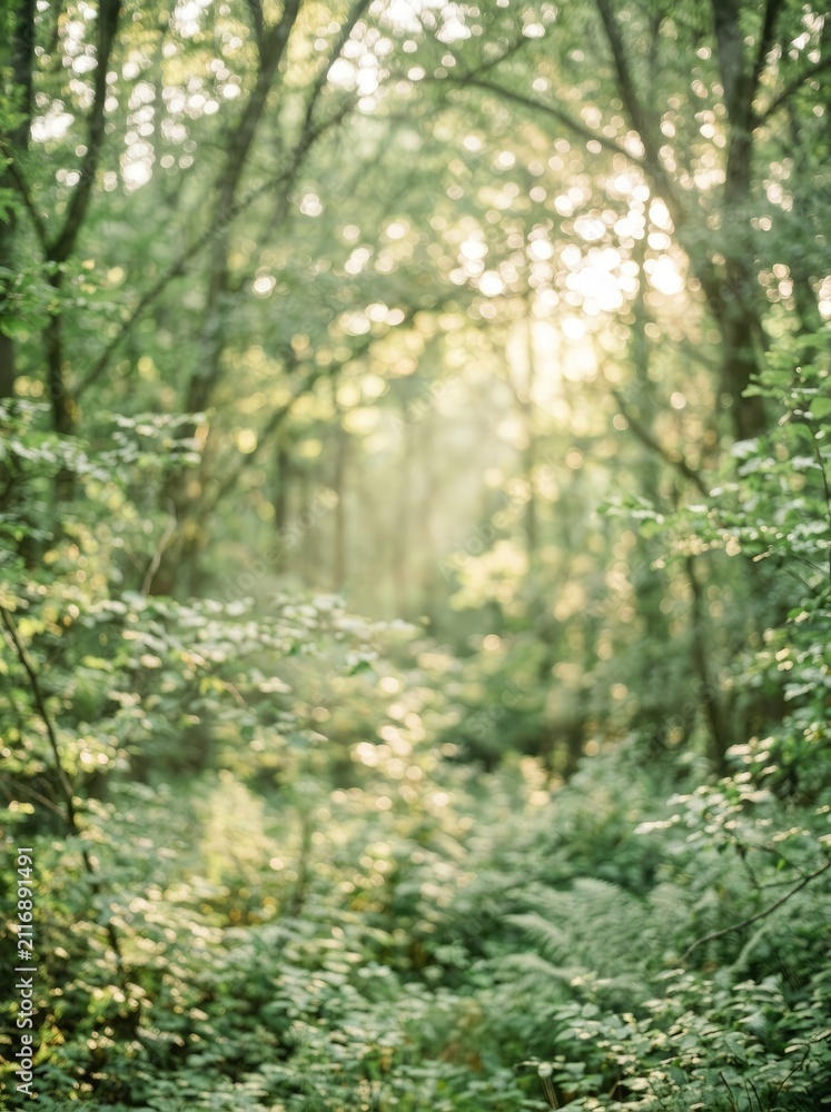 Obraz premium Sunlight streams through a dense forest, illuminating a carpet of ferns and moss. The image evokes a sense of tranquility and immersion in nature.
