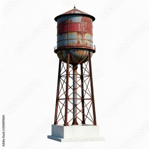 Abandoned industrial water tower standing tall in rustic decay. Old metal storage tank on steel framework for urban renewal projects and vintage th...