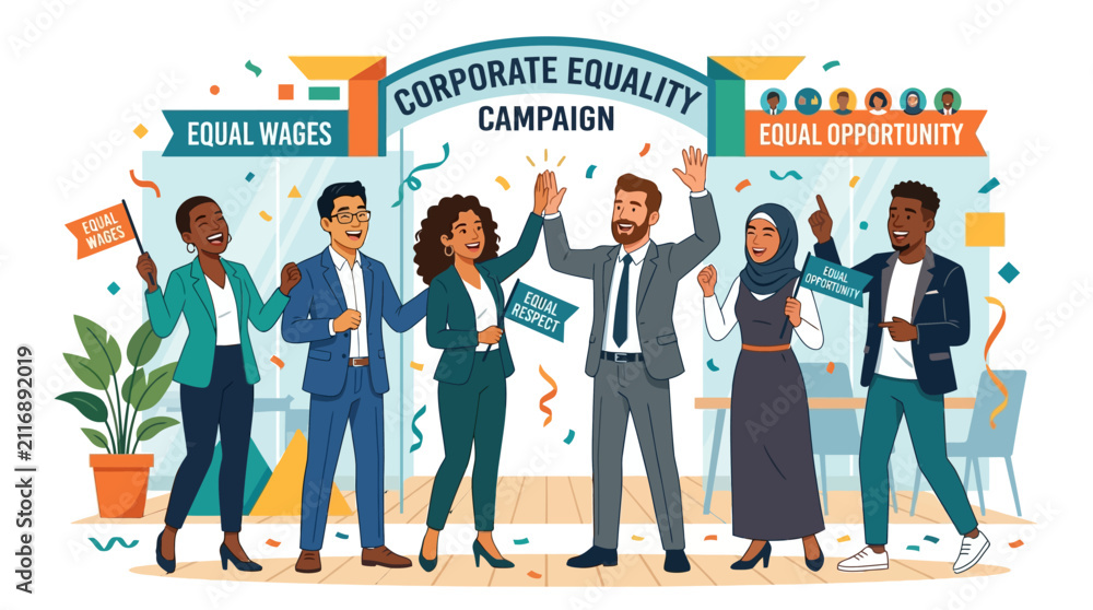 Obraz premium Diverse group of professionals celebrating a corporate equality campaign with banners for equal wages and equal opportunity.