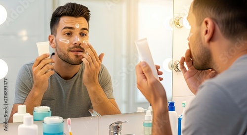 A young man is applying face cream to his face while looking in a mirror. He is examining a small sample of the cream and a tube of the product.