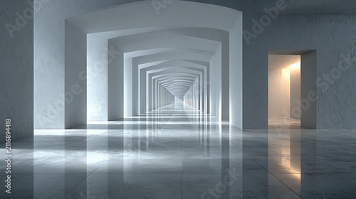 Surreal architectural interior with endless white corridors and soft natural light minimalist design abstract dreamscape graphic resource backdrop 