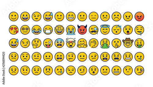 Yellow emoji emoticons vector faces big bundle set with happy sad angry laughing crying surprised and confused expressions