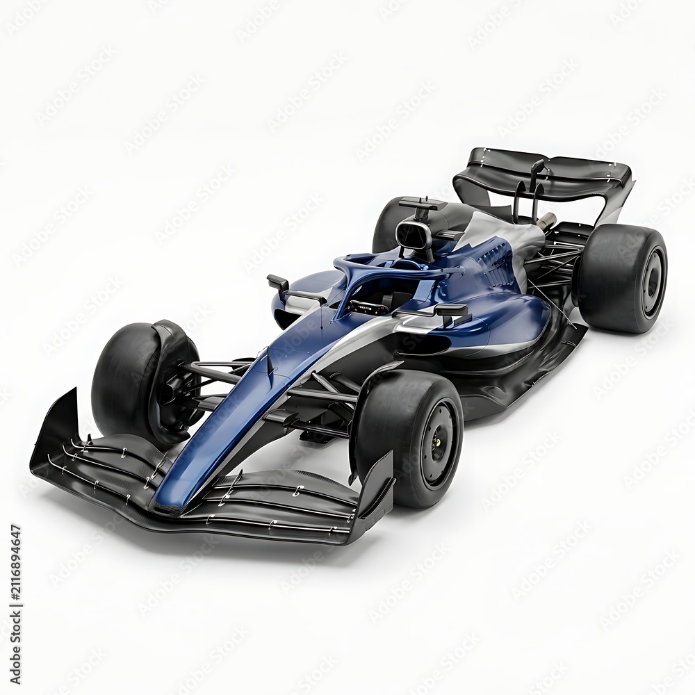 Obraz premium Close-up studio shot of a sleek blue and silver miniature Formula 1 car model on a white background.