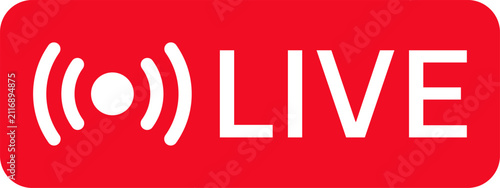 Live streaming broadcast badge icon with signal waves in red flat design