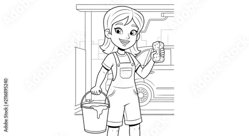 Child Painter Holding Bucket and Brush, Outlining a Car Repair Scene