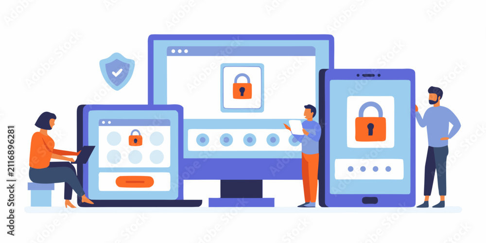 Fototapeta premium cross device security flat vector illustration cross device lock padlock mobile computer tablet people users digital technology interface screen shield icon graphic design concept