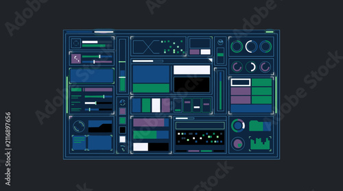 Futuristic UI Panel with Data Visualization Elements, Graphs, and Controls, Digital Interface Design, Vector Illustration