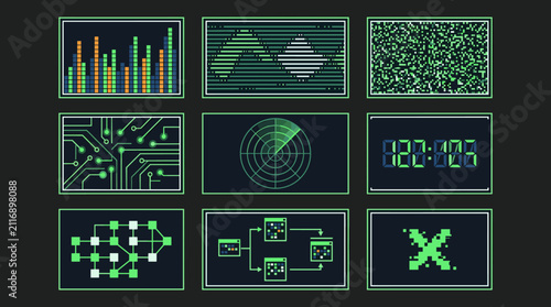 Retro UI Screen Set: Digital Graphics, Data Visualization, Circuit Board, Radar, Timer, Network Diagram, Glitch Effect, Pixel X
