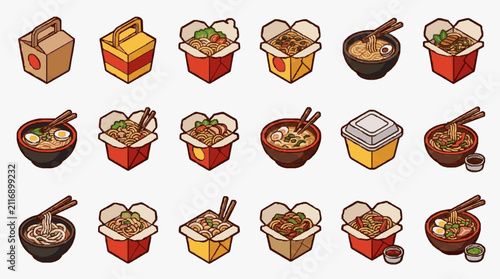 Assorted Illustrations of Takeout Containers and Bowls of Noodle Soups