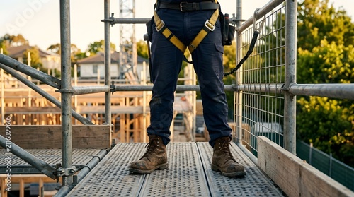 Construction worker standing on metal scaffolding wearing a safety harness and work boots at a building site