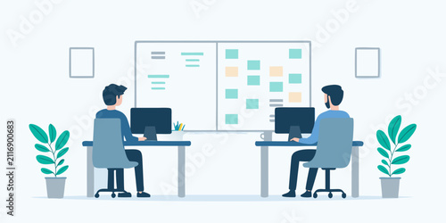 Foto modern office scene wide flat vector illustration workplace collaboration employ