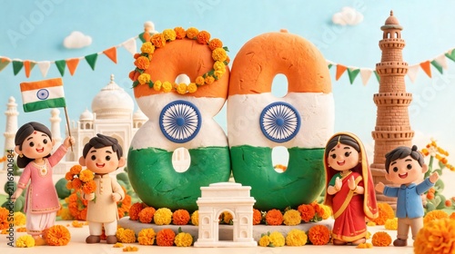 Cute 3D Clay India 80th Independence Day Celebration Illustration