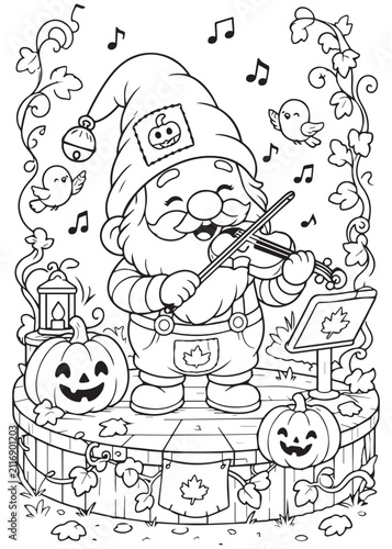 Coloring Page Book Gentle Halloween Gnome Sharing Pumpkin Tea with Woodland Friends Beneath a Giant Tree