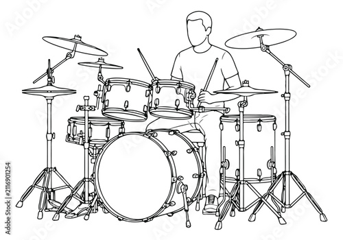 Foto Minimalist line art drummer playing a full acoustic drum kit, professional music