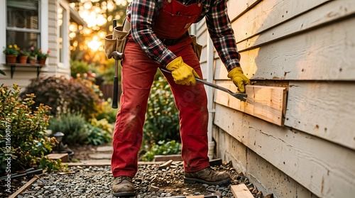 Professional construction worker using a crowbar to remove old wooden siding from a residential house exterior