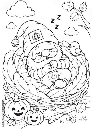 Coloring Page Book Sleepy Halloween Gnome Napping Peacefully Inside a Cozy Bird Nest
