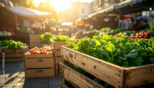 A sunlit scene at an outdoor market, wooden crates overflowing with fresh produce, people shopping, and the golden hour glow