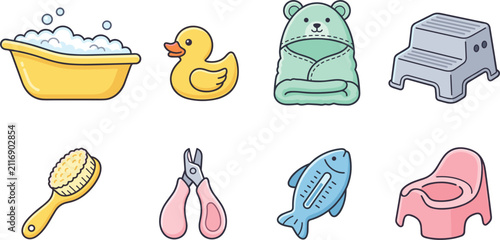 Baby Bathing Care and Toilet Training Accessory Collection Featuring Foam Bathtub Rubber Duck Hooded Towel Step Stool Hairbrush Clippers Water Thermometer and Potty Chair Vector