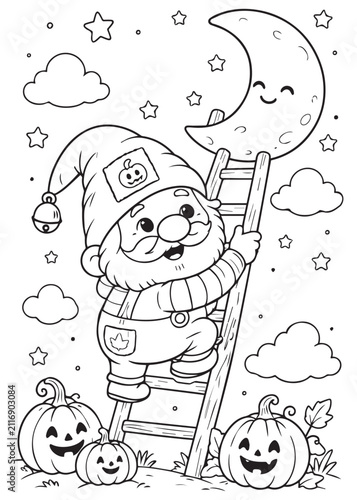 Coloring Page Book Happy Halloween Gnome Climbing a Ladder to Touch the Crescent Moon