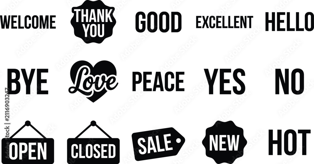 Obraz premium Business Sign Words and Promotional Label Icons Silhouette Vector Set