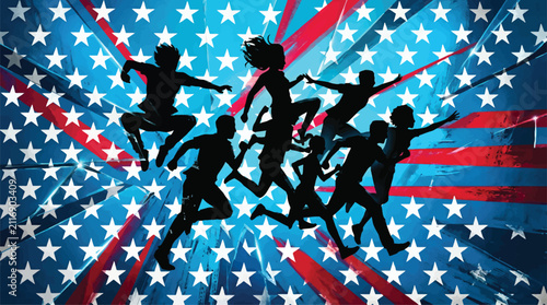 Obraz na płótnie Diverse Group of Silhouettes Running and Jumping Joyfully Against a Vibrant Amer