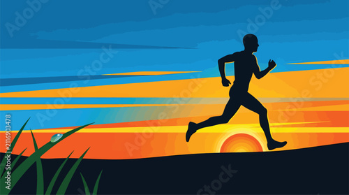 Obraz na plátně Silhouette of Man Running at Sunrise with Vibrant Sky and Grassy Foreground, Ins