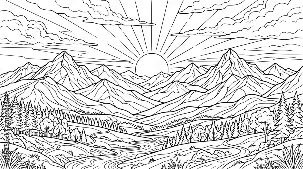 Fototapeta premium Mountain Landscape with Sun and River Line Art Coloring Page for Adults and Kids