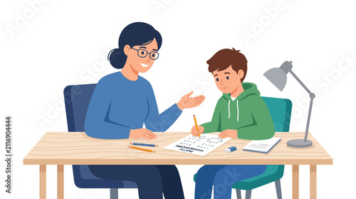 Female tutor teaching boy at desk with lamp.