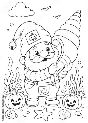 Coloring Page Book Cheerful Halloween Gnome Holding a Giant Spiral Seashell on a Spooky Beach
