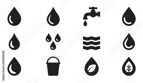 Water droplets and liquid supply silhouette set with bucket faucet and leaf shaped ecological icon designs.