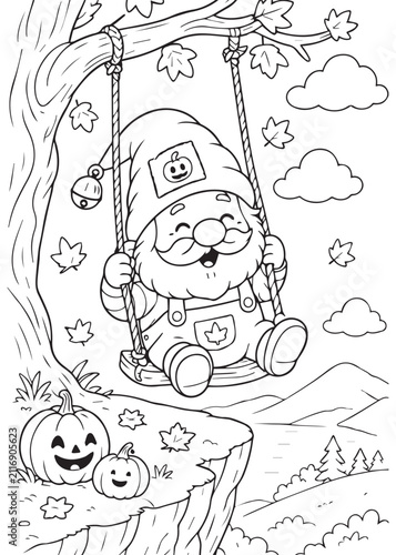 Coloring Page Book Relaxed Halloween Gnome Swinging Happily from a Woodland Tree Branch