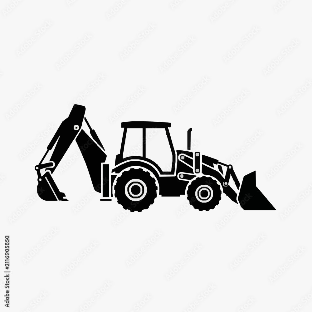 Fototapeta premium Clean Black and White Line Drawing of a Backhoe Loader in Action Silhouette Style with high quality professional line art symbols for modern creative design and digital branding projects