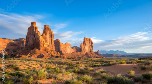 Majestic red rock monoliths in a desert valley under a clear blue sky