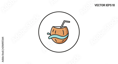 coconut with straw, cartoon illustration