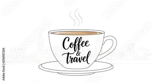 Coffee and Travel Concept - Cup with Steaming Coffee and City Outline