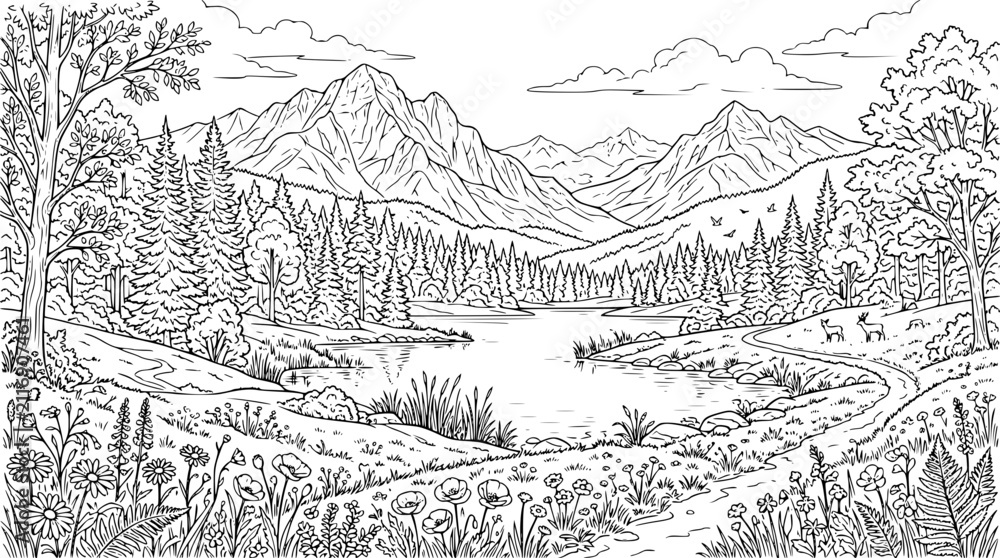 Fototapeta premium Serene Mountain Landscape with Lake and Forest Coloring Page Illustration