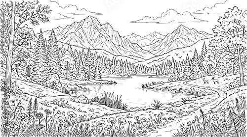 Serene Mountain Landscape with Lake and Forest Coloring Page Illustration