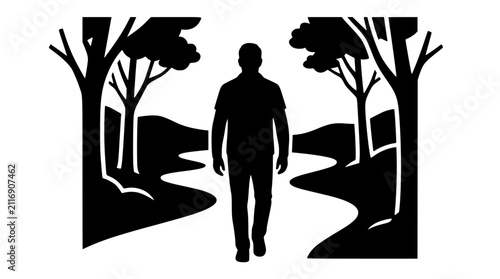 Silhouette of a Man Walking on a Forest Path Illustration